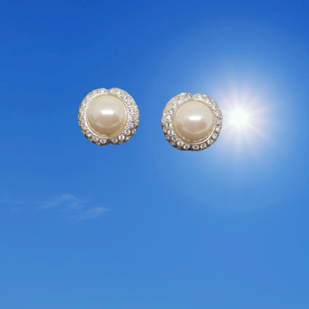 Carolee Clip-On Earrings Pave Rhinestones Faux Pearl Cabochons Silver Tone